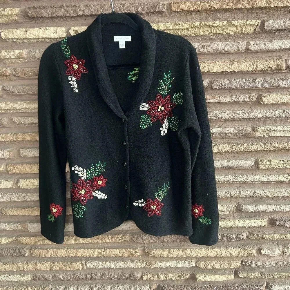 Charter Club Vintage Christmas Poinsettia Floral Wool Cardigan Sweater Small